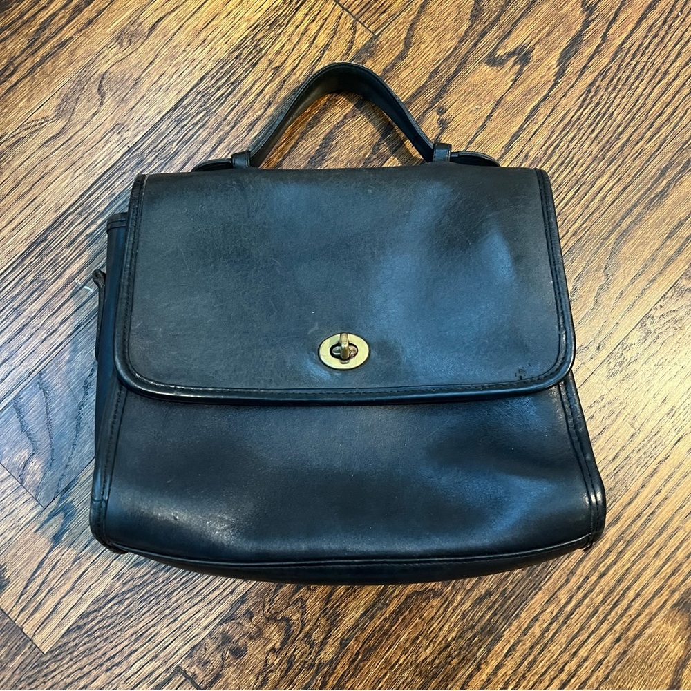 90s Coach Vintage Court Top Handle Black Leather Handbag
